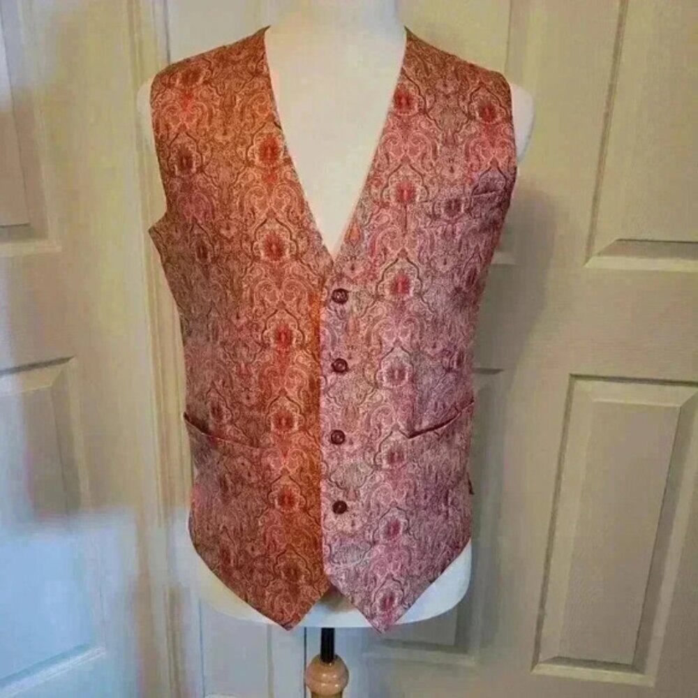 Tapestry Paisley Orange Vest  Prom Formal Party Wedding Pockets Mens Size M